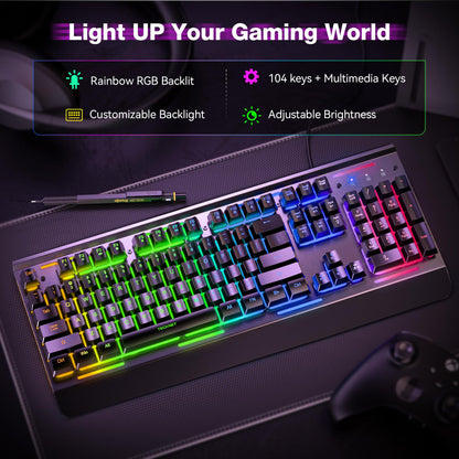 TECKNET Gaming Keyboard, 15-Zone RGB Illumination, All-Metal Panel Keyboard, IP32 Waterproof, 25 Anti-Ghosting, Quiet Typing, USB Wired Ergonomic Keyboard for Windows XP/Vista/7/8/10/11