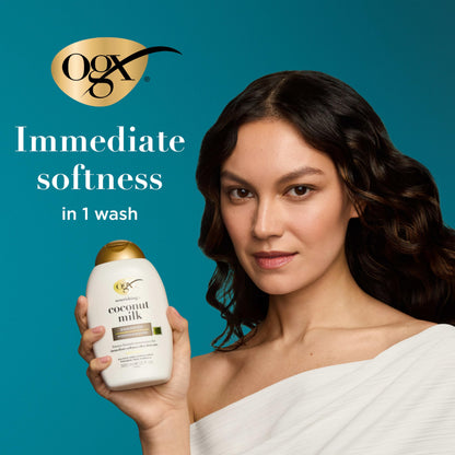 OGX Nourishing + Coconut Milk Moisturizing Shampoo, Hydrating & Restoring Shampoo Moisturizes for Soft Hair After the First Use, Paraben-Free, Sulfate-Free Surfactants, 13 fl. oz