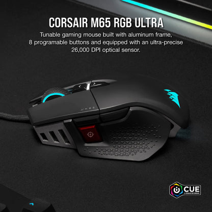 Corsair M65 RGB Ultra Tunable FPS Gaming Mouse Marksman 26,000 DPI Optical Sensor, Optical Switches, AXON Hyper-Processing Technology, Sensor Fusion Control, Tunable Weight System - Black
