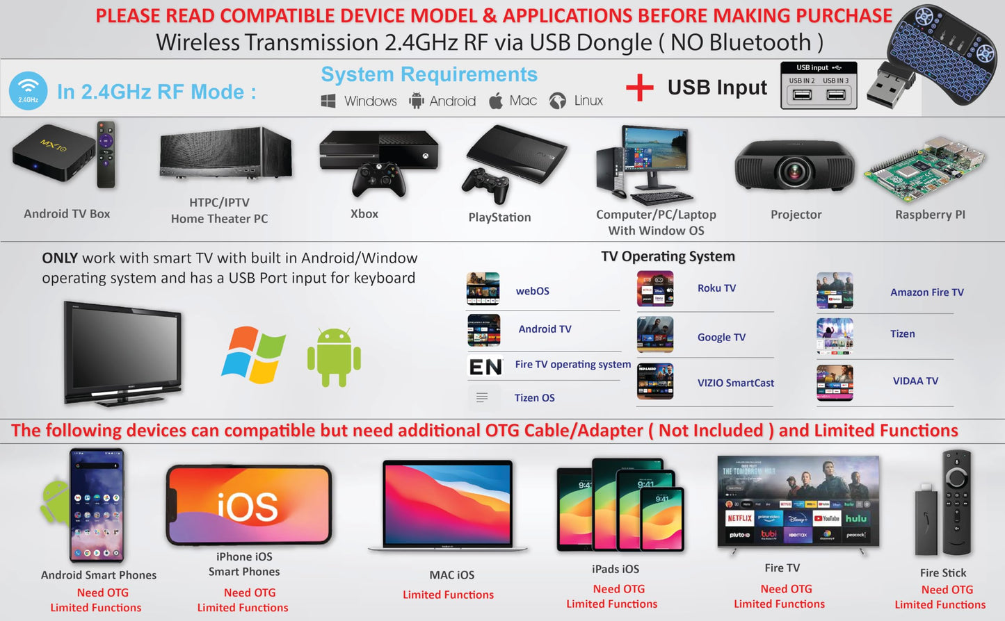 Wireless Mini Keyboard Remote Control Touchpad Mouse Combo Controller with RGB Backlit for Android TV Box Smart TV with OS+USB PC Computer Laptop Window OS HTPC Home Theater PC + USB 2.4GHz Dongle