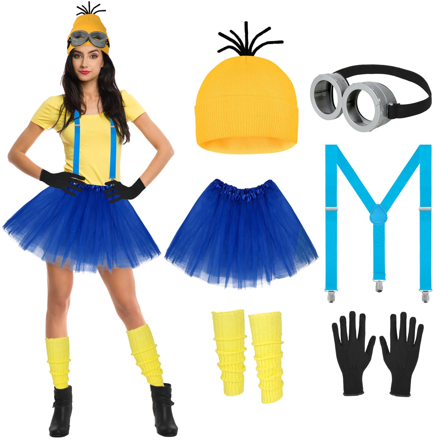 Tinyones 6 Pcs Women's Halloween Costume Accessories Set, Goggles/Yellow Beanie/Blue Dress/Blue Suspenders/Gloves/Yellow Stockings