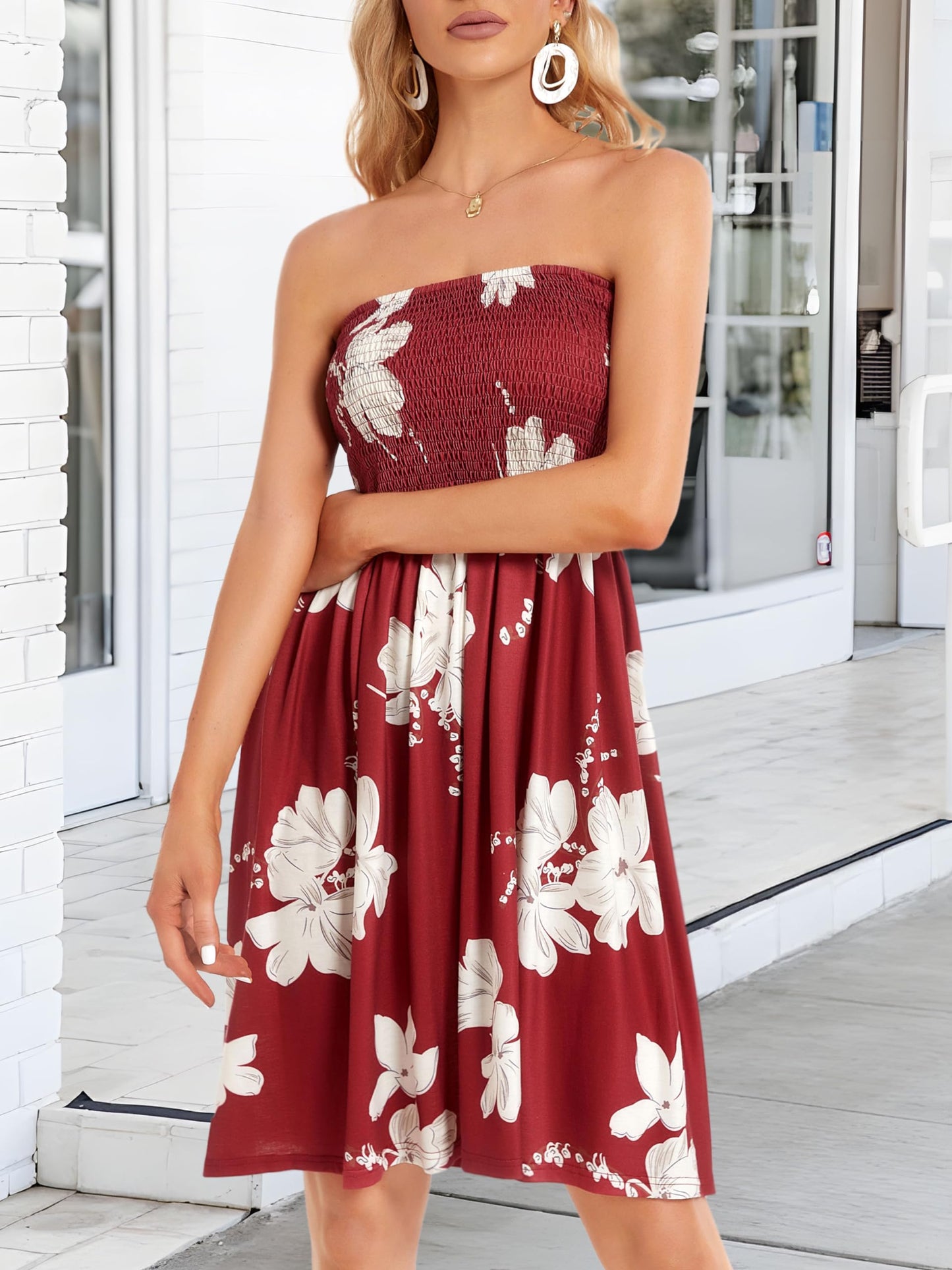 Sundresses for Women Casual Beach Summer Strapless Coverups Tube Tops Off The Shouder Dresses (WineRed,M)