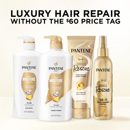 Pantene Shampoo & Conditioner Set, Daily Moisture Renewal - Pro-V Nutrients for Dry, Color-Treated, Straight to Curly Hair, 72-Hour Hydration & Softness, 52.8 Oz Total + Miracle Rescue Shot (0.5 Oz)