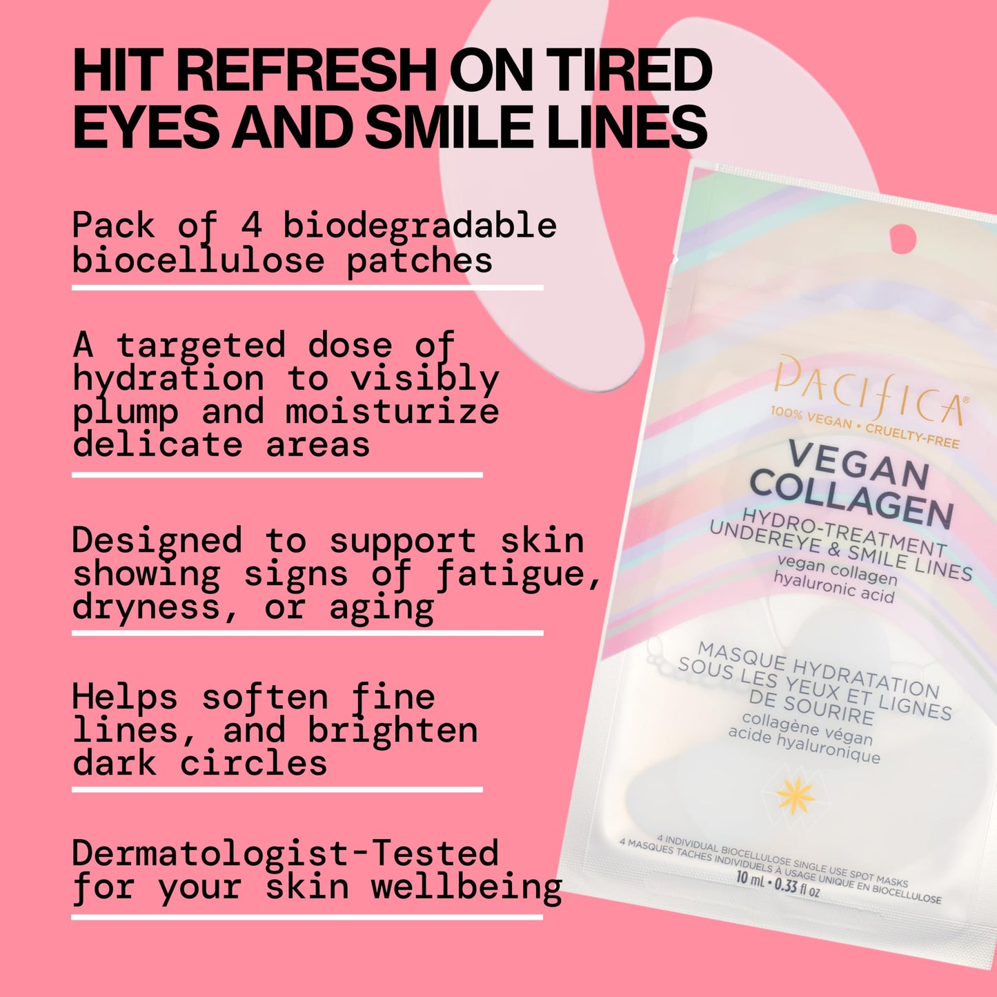 Pacifica Undereye & Smile Mask Set – Vegan Collagen Hydro Treatment with Hyaluronic Acid, Hydrating for Dark Circles, Dry & Combination Skin, Vegan & Cruelty-Free, 4 Pieces