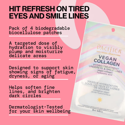Pacifica Undereye & Smile Mask Set – Vegan Collagen Hydro Treatment with Hyaluronic Acid, Hydrating for Dark Circles, Dry & Combination Skin, Vegan & Cruelty-Free, 4 Pieces