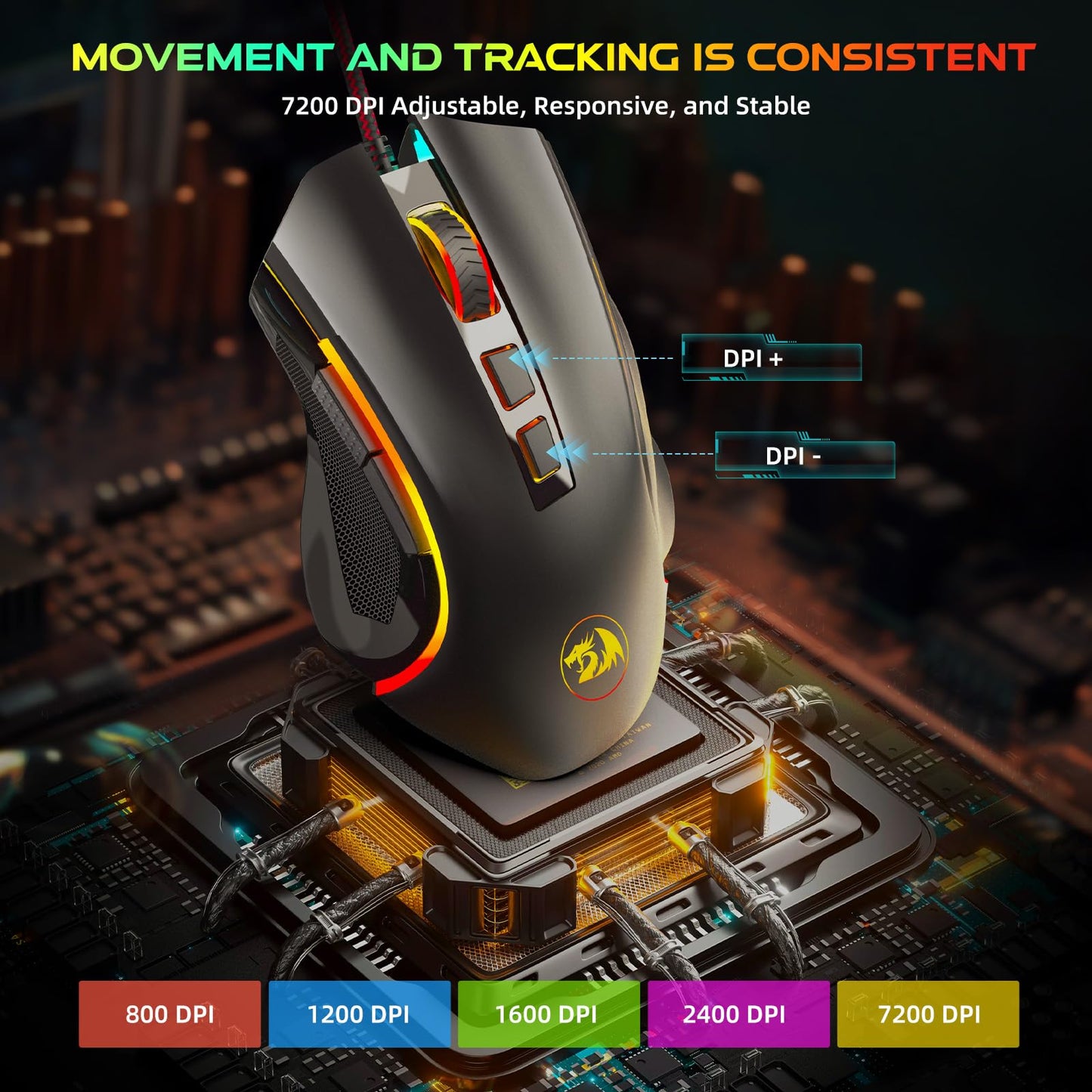 Redragon M602 Gaming Mouse, Ergonomic RGB Gaming Mouse Wired with 7200 Adjustable DPI, 9 Programmable Buttons, Professional Software for Gamer Office [Black]