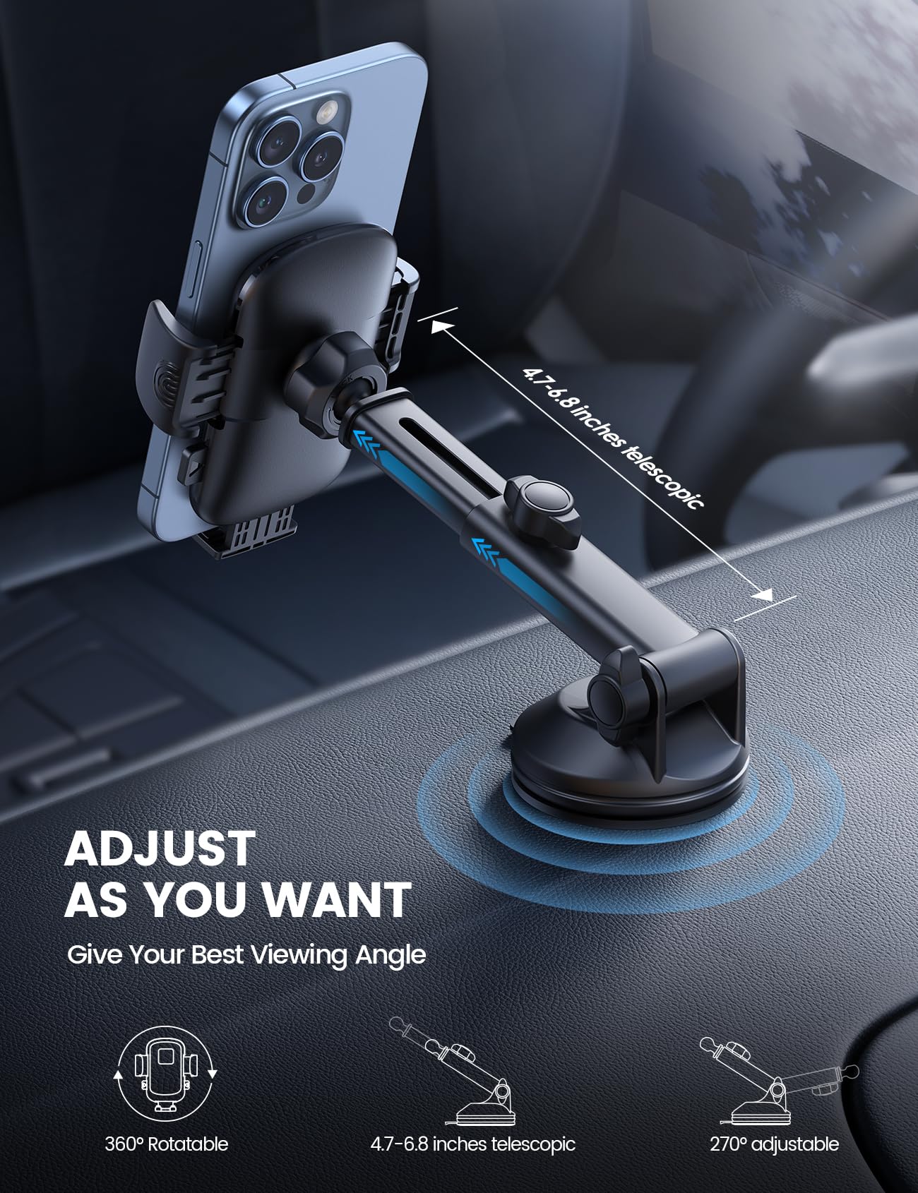 Lamicall Phone Mount for Car [3-in-1 Military-Grade Suction Cup] 360° Rotation Phone Holders for Your Car [Metal Hook] Cell Phone Car Mount Dashboard Vent Windshield for iPhone 17 16 15 Pro Max