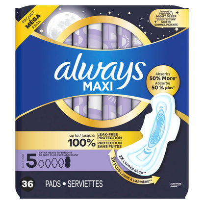 Always Maxi Overnight Pads with Wings for Women, Size 5, Extra Heavy Overnight Absorbency, Unscented, 36 Count