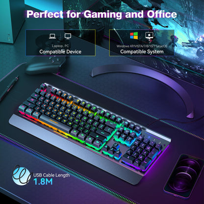 TECKNET Gaming Keyboard, 15-Zone RGB Illumination, All-Metal Panel Keyboard, IP32 Waterproof, 25 Anti-Ghosting, Quiet Typing, USB Wired Ergonomic Keyboard for Windows XP/Vista/7/8/10/11