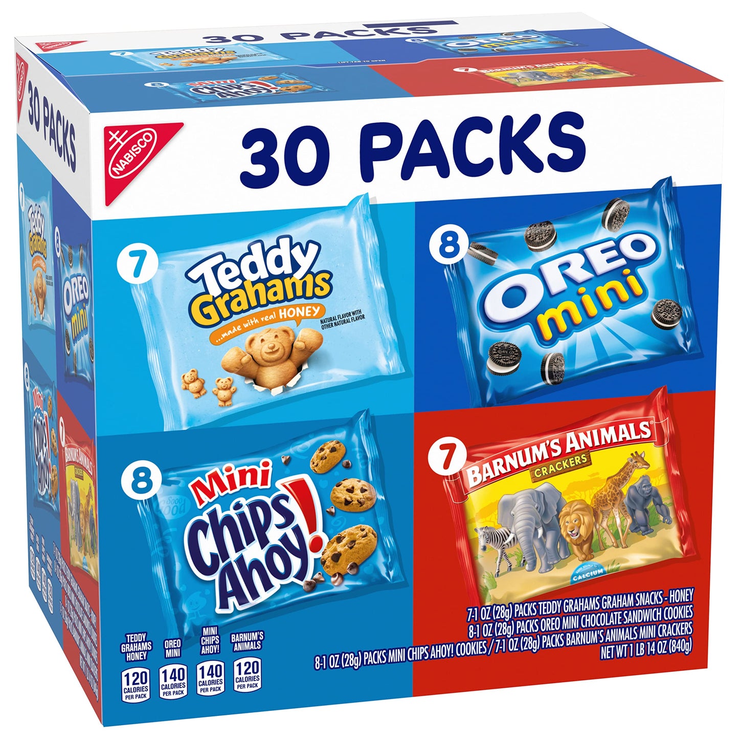Nabisco Team Favorites Variety Pack, OREO Mini, CHIPS AHOY! Mini, Teddy Grahams Honey & Barnum's Animal Crackers, Christmas Stocking Stuffers, 30 Snack Packs