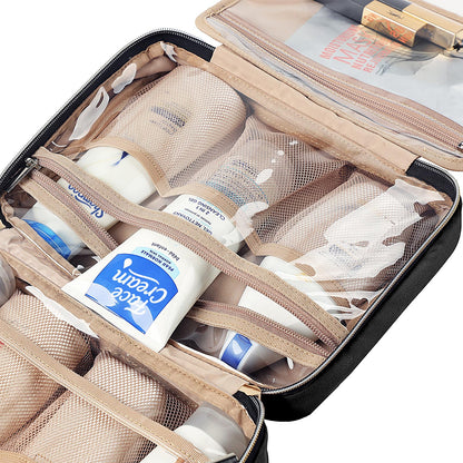 NISHEL Travel Toiletry Bag for women, Portable Hanging Organizer for Travel-Sized Shampoo, Conditioner, Brushes Set, makeup Accessories, Medium Size, Black