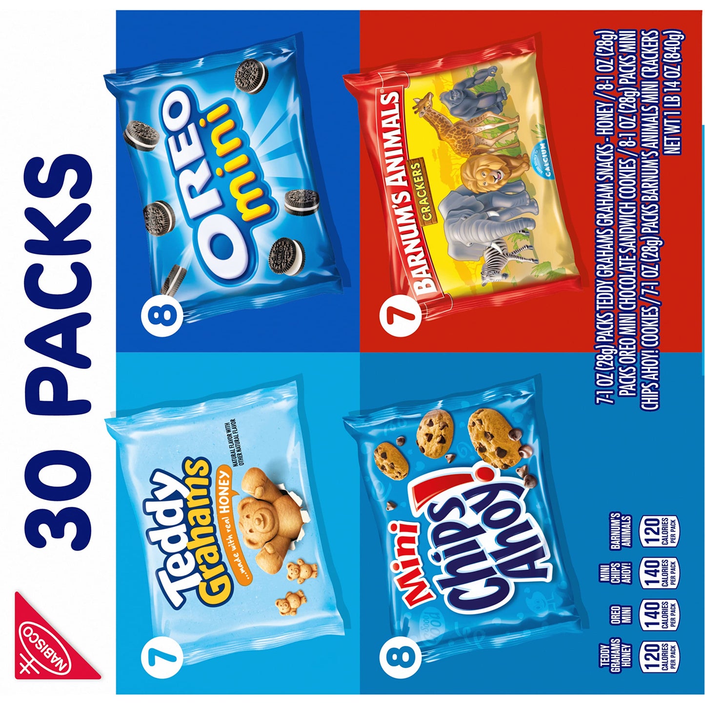 Nabisco Team Favorites Variety Pack, OREO Mini, CHIPS AHOY! Mini, Teddy Grahams Honey & Barnum's Animal Crackers, Christmas Stocking Stuffers, 30 Snack Packs