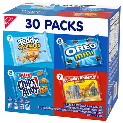 Nabisco Team Favorites Variety Pack, OREO Mini, CHIPS AHOY! Mini, Teddy Grahams Honey & Barnum's Animal Crackers, Christmas Stocking Stuffers, 30 Snack Packs