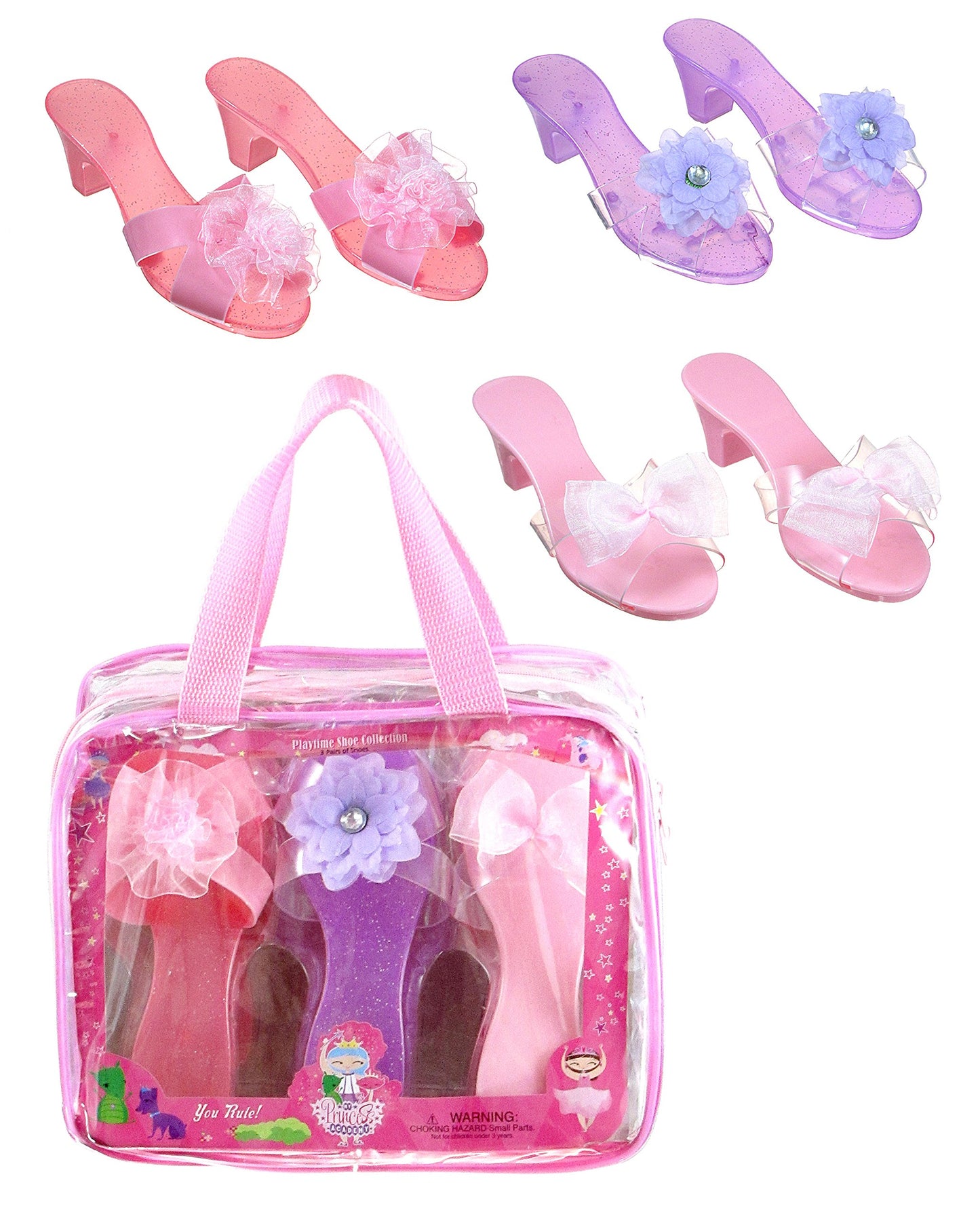 Expressions Kids 3 Pack Dress Up Royalty Shoes with Heels Set in Carrying Bag - Fits Toddler Size 7-10 - Pink, Rose, Lilac Perfect Little Girl Toys Role Play Playset