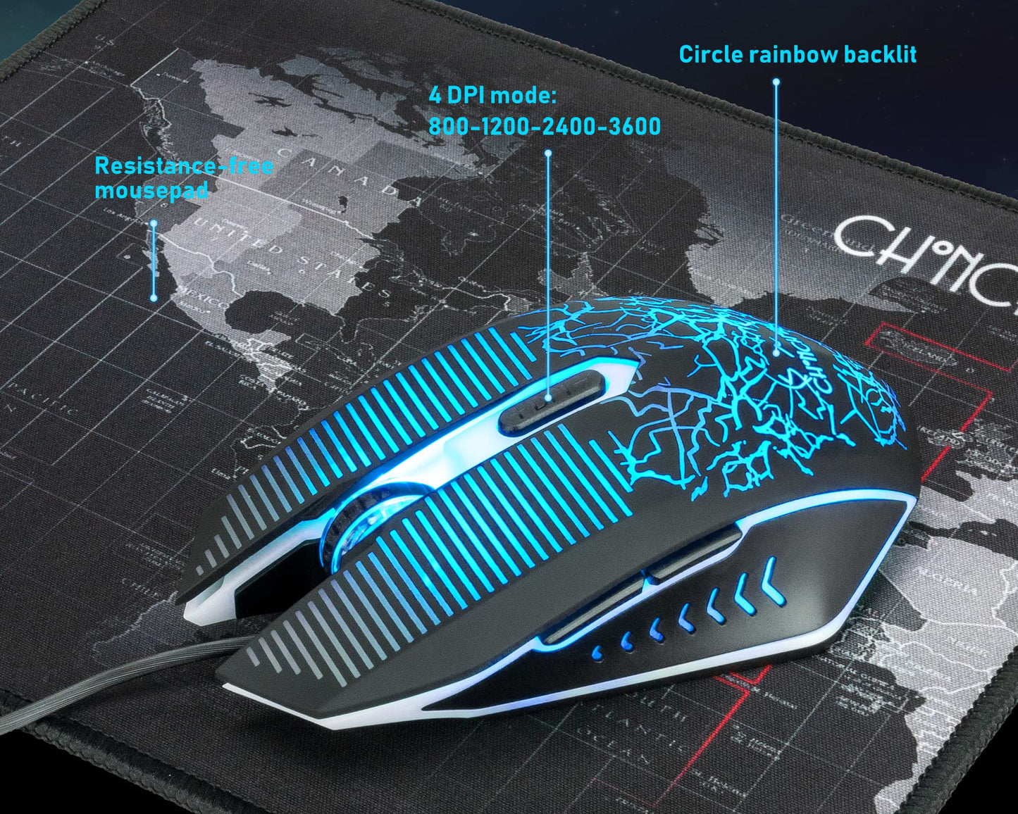 Keyboard and Mouse Gaming LED Wired Combo with Emitting Character Keyboard 4800DPI 2 Side Button USB Mouse Rainbow Backlit Mechanical Feeling Compatible with PC Raspberry Pi Mac Xbox one ps4