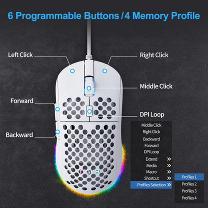 TMKB Falcon M1SE Ultralight Honeycomb Gaming Mouse, High-Precision 12800DPI Optical Sensor, 6 Programmable Buttons, Customizable RGB, Drag-Free Paracord, Ergonomic, Wired - Matte White